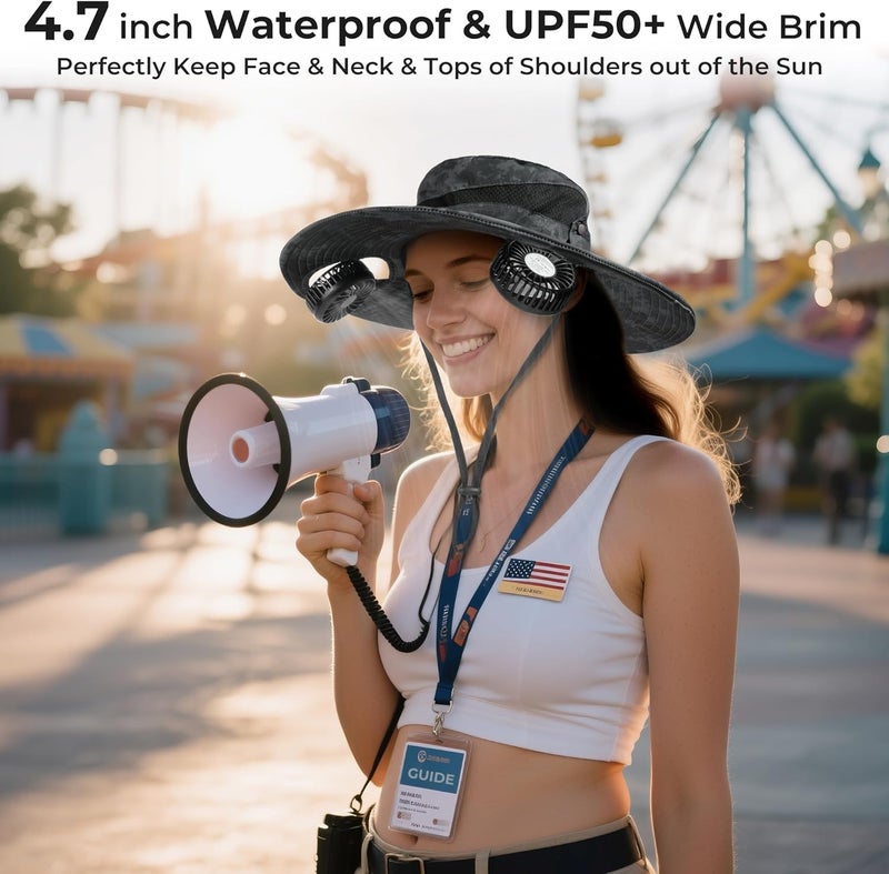 AMACOOL 2-in-1 Hands-free Hat Fan with Detachable Neck Fan, UPF 50+ Wide Brim Sun Hat, 3-Speed Adjustable, 2600mAh Rechargeable Fishing Essentials for Men Women Camping Travel Delivery Outdoor-Camo - Image 4